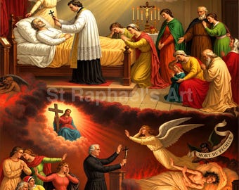 May include: A religious print depicting two scenes: the death of a righteous person with an angel and divine light, and the death of a sinner surrounded by flames and demons. The text reads Mort du Juste and Mort du Pecheur.