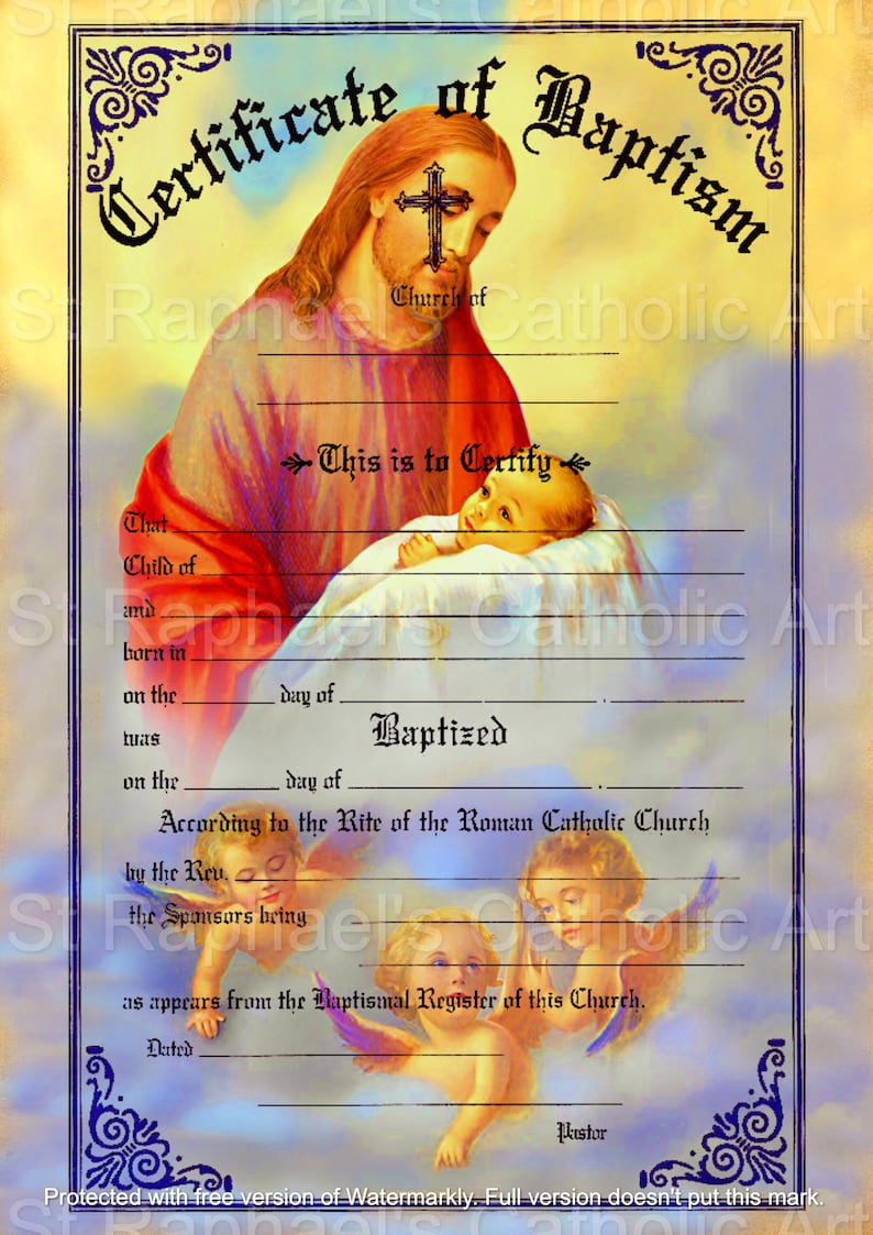 Traditional Catholic Baptism Certificate Record Remembrance Etsy