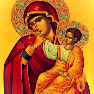 Può includere: Un dipinto di icona religiosa che raffigura la Vergine Maria che tiene il giovane Gesù Cristo. Il dipinto è realizzato in uno stile bizantino tradizionale con sfondi dorati e dettagli intricati. La Vergine Maria indossa una veste rossa e un velo blu, mentre Gesù indossa una veste gialla. Il dipinto è incorniciato in una cornice dorata.
