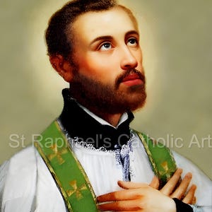 Puede incluir: Una pintura de un hombre con una túnica blanca de sacerdote y una estola verde. Tiene barba y mira hacia arriba. La pintura se titula "St Raphael's Catholic Art".