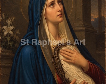 May include: An oil painting depicting a figure with a tear on their cheek, wearing a blue head covering and red garment, holding a crown of thorns against a white cloth. A golden halo surrounds the head, with white lilies and a cross visible.
