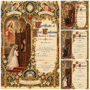 Op de afbeelding: Een decoratief certificaat voor de Eerste Biecht en het Sacrament van Boete met gouden randen, bloemaccenten en een centrale illustratie van een kind dat knielt voor een priester in een biechtstoel, met lege regels voor gegevens.