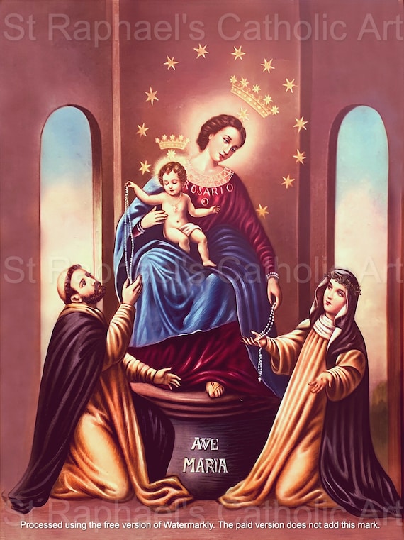 ロザリオの聖母のアンティーク希少カトリック絵画デジタルダウンロード