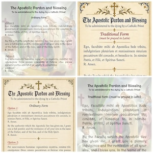 以下が含まれることがあります： 「The Apostolic Pardon and Blessing」と題された宗教文書の4枚のパネルコラージュ。テキストには、カトリックの司祭が臨終の際に唱えるためのラテン語の祈りと英語の翻訳が含まれており、装飾的な十字架のアイコンが添えられています。