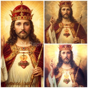 Puede incluir: Una obra de arte religiosa que presenta tres representaciones de una figura con cabello largo castaño y barba, vistiendo una túnica roja y una corona enjoyada. La figura sostiene un cetro dorado, muestra un corazón llameante y tiene un halo.