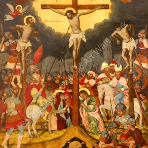 Może przedstawiać: Antyczne malowidło przedstawiające ukrzyżowanie Jezusa Chrystusa. Obraz wykonany jest w tradycyjnym stylu z żywymi kolorami i szczegółowymi postaciami. Centralna postać Jezusa znajduje się na krzyżu, z dwoma złoczyńcami po obu stronach. Wokół krzyża znajduje się wiele postaci, w tym żołnierze, kobiety i czaszka u podstawy krzyża.
