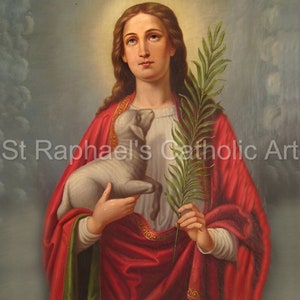 Op de afbeelding: Olieverfschilderij van een persoon die een lam en een palmtak vasthoudt. De persoon draagt een rode jurk met gouden randen over een wit kledingstuk. De achtergrond is een bewolkte lucht met een halo. Tekst: "St Raphael's Catholic Art".