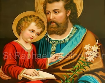 イコンスタイル 聖ヨセフと幼子イエス 絵画 聖ヨセフと幼子イエスの絵画：カトリックのデジタルプリント、父親の