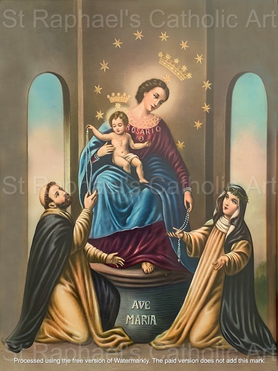 ロザリオの聖母のアンティーク希少カトリック絵画デジタルダウンロード