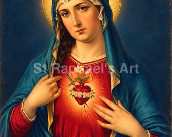 May include: A religious painting of the Virgin Mary wearing a blue head covering and a red garment. A glowing heart pierced by a sword and surrounded by white roses is centered on the chest. A golden halo surrounds the head. Text reads St Raphael's Art.