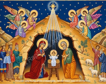 Może przedstawiać: Ikona religijna przedstawiająca scenę Narodzenia Pańskiego z dzieciątkiem Jezus w żłobie, Marią, Józefem, trzema królami i pasterzami. Anioły unoszą się na tle ciemnoniebieskiego, gwiaździstego nieba, a jasna gwiazda oświetla środek.