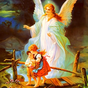 Descargas digitales de protección del arte católico del ángel de la guarda que vela por los niños