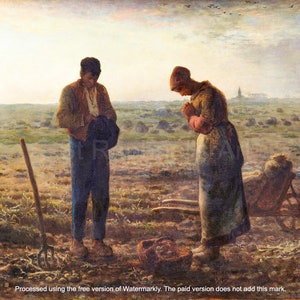 May include: A painting depicting a man and a woman standing in a field. The man is wearing a brown jacket and blue pants. The woman is wearing a blue dress and a white apron. They are both looking down with their hands clasped in prayer. The background is a field with a distant town in the background.