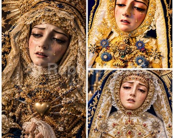 May include: A religious statue of a sorrowful figure with tears on the cheeks, wearing an ornate gold crown and a dark blue mantle with intricate gold embroidery, lace veils, and a central golden heart emblem adorned with multiple jeweled daggers.