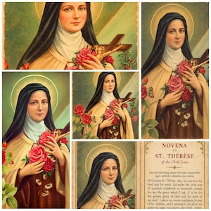 Op de afbeelding: Een collage van religieuze kunst met de heilige Thérèse van Lisieux in een zwart-wit habijt, die een crucifix en rode rozen vasthoudt. Eén paneel bevat de tekst Novena to St. Thérèse of the Child Jesus met een gebed in het Engels.