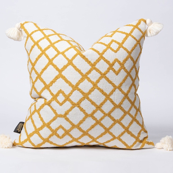 Geometric Bohemian Pillow Cover with Tassels, Mustard Yellow and White Tassels Cushion Cover