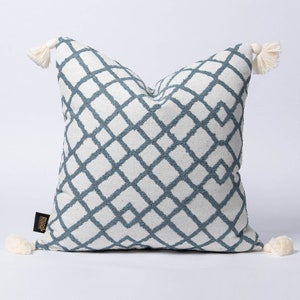 Geometric Bohemian Pillow Cover with Tassels, Mint Green and White Tassels Cushion Cover