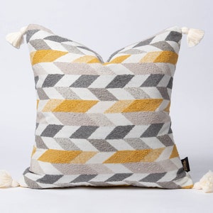 Boho Rug Pattern Pillow Cover with Tassels, Geometric Yellow Gray Tassels Cushion Cover