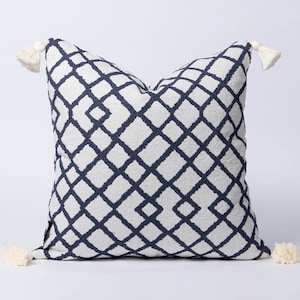 Geometric Bohemian Pillow Cover with Tassels, Blue White Tassels Cushion Cover