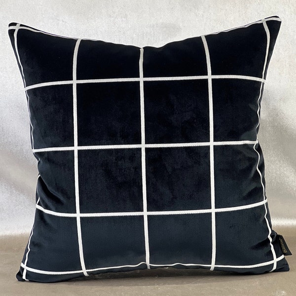 Housse de coussin à carreaux, coussin à carreaux noir et blanc, coussin géométrique, housse de coussin noir, taie d'oreiller en velours noir, coussin noir