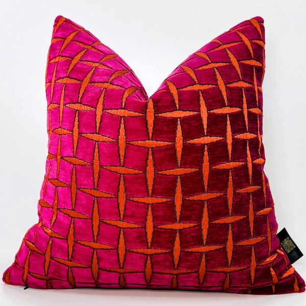 Luxury Woven Chenille Throw Pillow Cover: Fuchsia-Orange Geometric Lumbar CushionCover, All Sizes