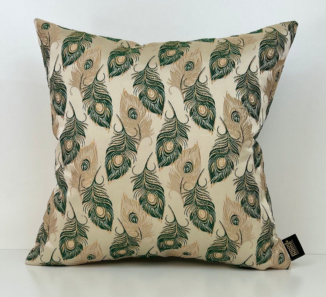 Decorative Pillow Cover, Green Cream Pillows, Woven Fabric Peacock