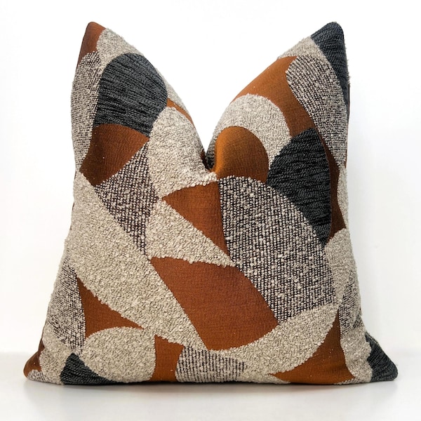 Luxury Chenille Geometric Pillow Cover: Burnt Orange Taupe Gray Cushion