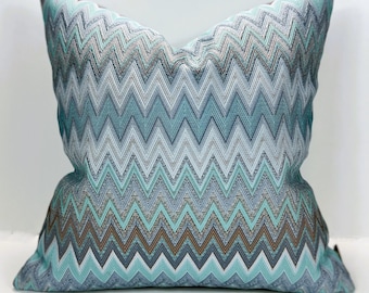 Teal Chevron Pillow Cover, Blue Pillows, Woven Fabric Chevron Pillow, Colorful Zigzag Double Sided Pillow, Not Digital Printing