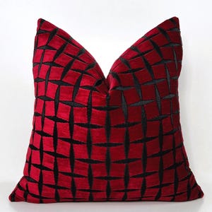 Woven Chenille Pillow Cover: Black and Burgundy Geometric Velvet Cushion