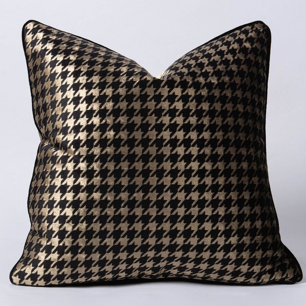 Housse de coussin en velours tressé pied-de-poule de luxe, housse de coussin en velours pied-de-poule en velours noir et or