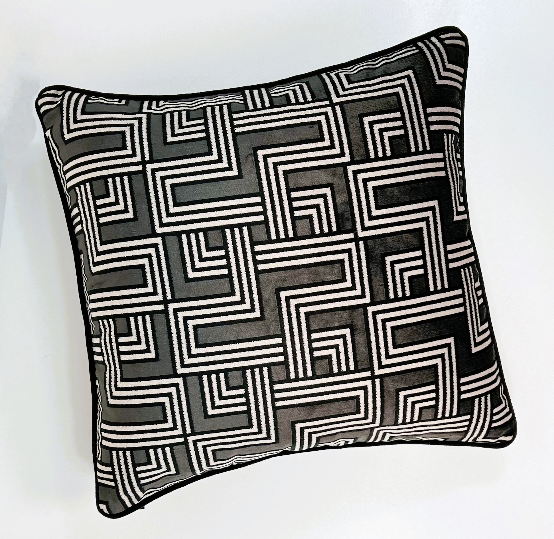 Geometric Woven Velvet Pillow Cover: Black & Gray Decorative Cushion - Etsy