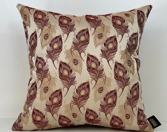 Decorative Pillow Cover, Rust Cream Pillows, Woven Fabric Peacock Pillow,Peacock Feather Throw Pillow, Double Sided Pillow, Biege Pillow