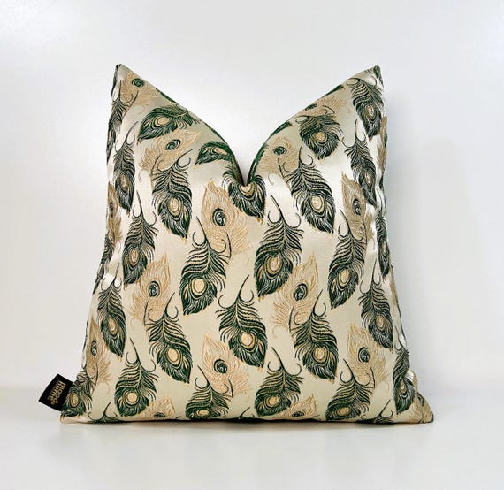Decorative Pillow Cover, Green Cream Pillows, Woven Fabric Peacock