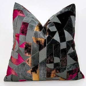 Geometric Velvet Pillow Cover: Burgundy, Brown & Gray Decorative Cushion