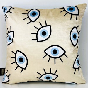 Ikat velvet pillow evil eye,ikat pillow,Velvet Print Throw Pillow Cover, Baby Blue-Biege Ikat,Bohemian Cushion Covers,Decorative pilow,boho