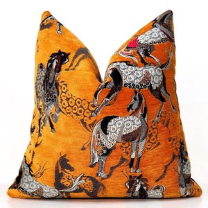 Woven Chenille Horse Pillow Cover: Embroidered Equestrian Cushion, Orange Throw Pillow