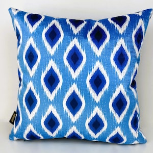 Ikat Velvet Print Throw Pillow Cover,Dark Blue-White Ikat,Bohemian Cushion Covers,Decorative pilow,Ikat Pillow Cover with,Blue,Boho Pillow
