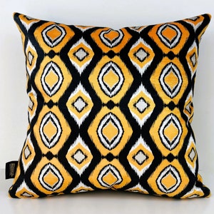 Luxury Ikat cushion-Ikat pillow,Ikat Velvet Print Throw Pillow Cover,Black-Yellow-White,Bohemian Cushion Covers,Decorative pilow,Yellow,boho