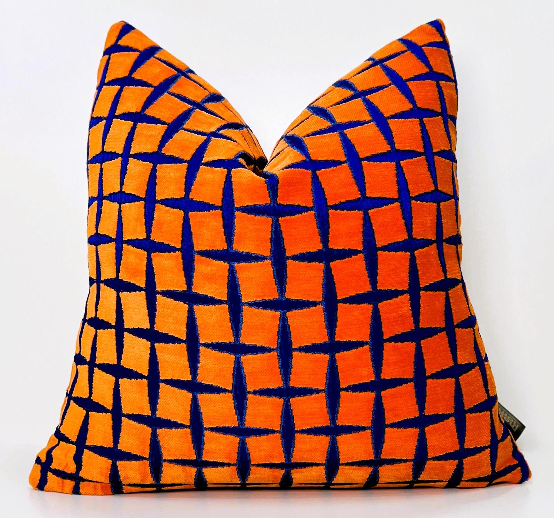 Woven Chenille Pillow Cover: Royal Blue-Orange Geometric Cushion