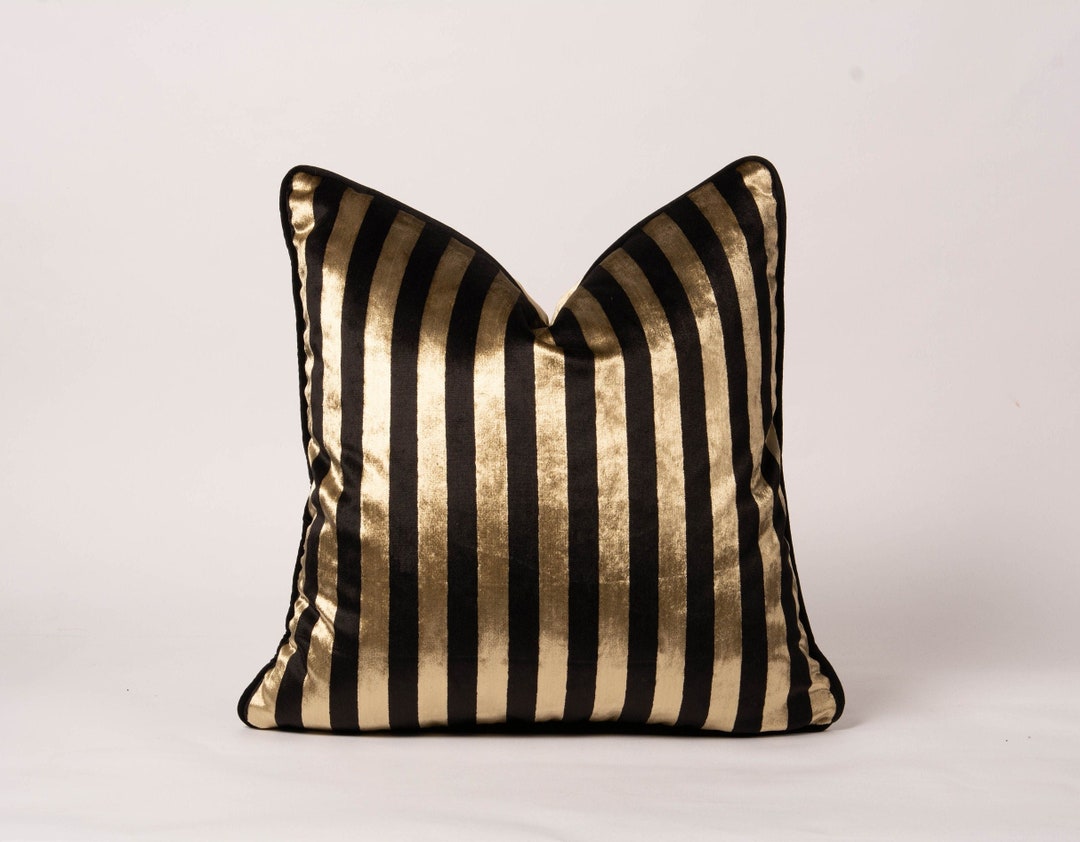 Luxury Striped Decorative Velvet Pillow Cover, Black Gold Striped