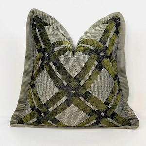 Geweven chenille-sierkussenhoes: oliegroen geometrisch kussen