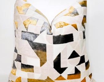 Geometric Velvet Pillow Cover: Cream, Gold & Gray Woven Cushion