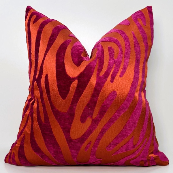 Luxury Zebra Chenille Throw Pillow Cover: Fuchsia-Orange Woven CushionCover, All Sizes