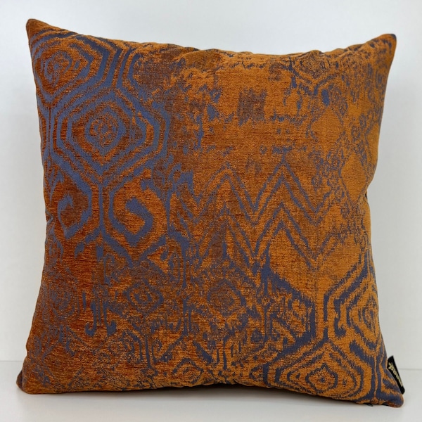 Ikat Woven Throw Pillow Cover, Rust Ikat, Bohemian Cushion Covers, Decorative pilow, Ikat Pillow Cover with Cognac Blue,Boho Pillow