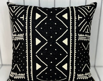 African Mudcloth Pillow Cover: Black Woven Cushion