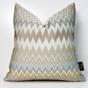 Housse de coussin à chevrons de luxe, Oreillers bleu-or-crème, Oreiller à chevrons en tissu tissé, Oreiller double face en zigzag coloré, 18 x 18 20 x 20 pouces