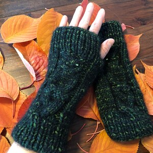 May include: A pair of fingerless gloves knitted in a dark forest green yarn with subtle black and lighter green flecks. The gloves feature a ribbed cuff at the top and a vertical cable knit pattern running down the center of the hand section.