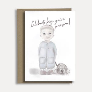 Handgemaakte Wenskaart – Celebrate Big, You’re Pawsome | Grappige Kaart met Jongen en Hond | Tekst Aanpasbaar