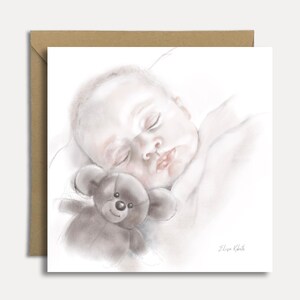 Illustration de bébé avec peluche dans des tons pastel doux, carte de vœux dessinée avec texte personnalisable pour naissance, baby shower ou cadeau de maternité
