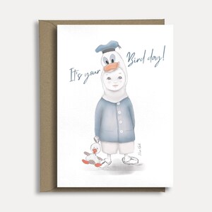Handgetekende Donald Duck Verjaardagskaart met woordspeling  – It’s Your Bird Day | Handgemaakte wenskaart en A4 print